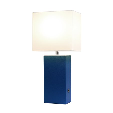 Lalia Home 21 Leather Base Table Lamp with USB Charging Port , White Rectangular Shade, Blue LHT-3012-BL